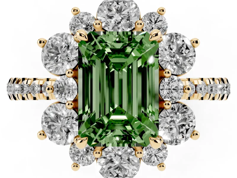 Fancy Green Emerald Cut Diamond Floral Halo Ring Set in Yellow gold with Round Pavé Band and Prong Setting