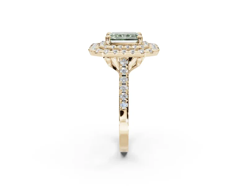 Fancy Green Radiant Cut Lab-Grown Diamond Double Halo Statement Ring Set in Yellow Gold with Pavé Band