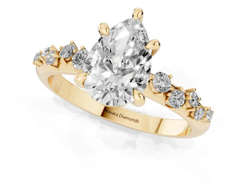 Pear Cut Diamond Solitaire Vine Band Ring Set in Yellow gold with Round Accents and Prong Setting