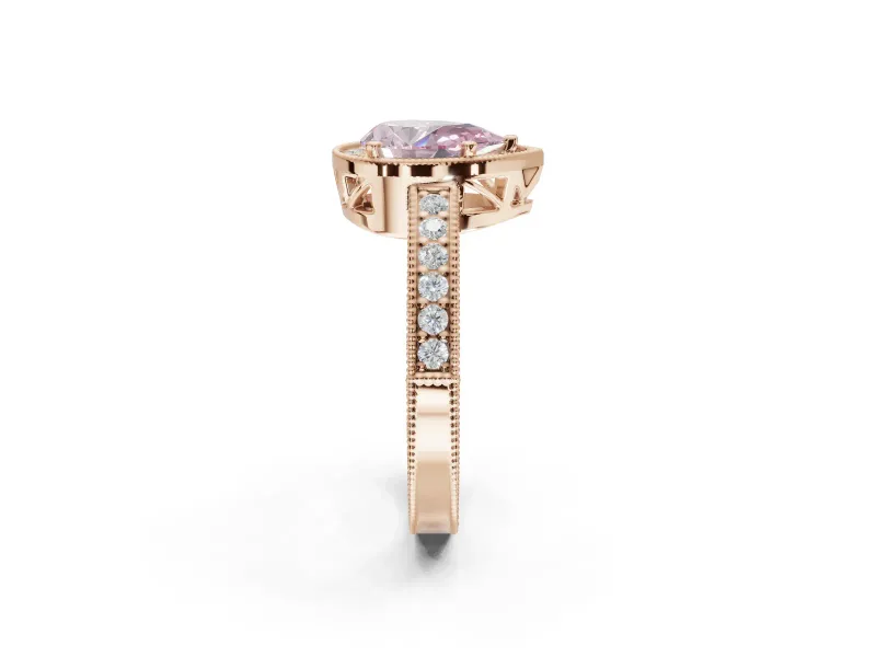 Pear-Shaped Milgrain Halo Engagement Ring Setting for a Fancy Pink Lab-Grown Diamond | Wide Pavé Band | Rose Gold