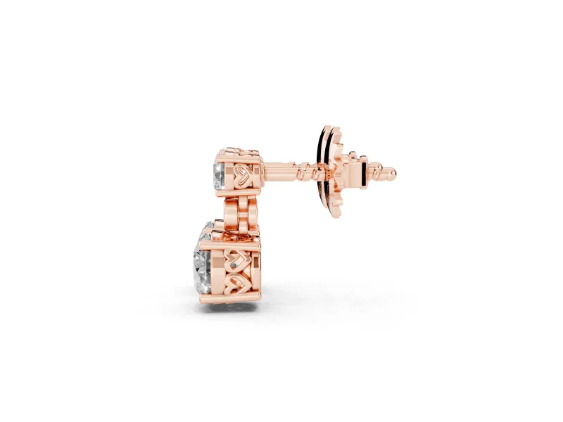 Round Lab-Grown Diamond Two Stone Drop Earrings | Bezel Accent Link | Rose Gold