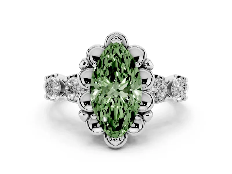 Fancy Green Marquise Cut Diamond Floral Halo Ring Set in Silver with Shared Prong Band