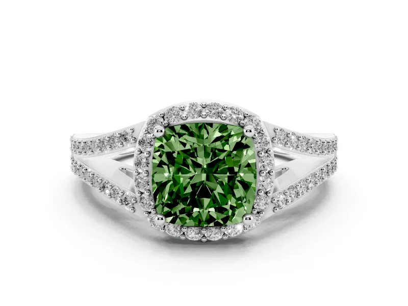 Fancy Green Cushion Cut Diamond Halo Split Shank Pavé Ring Set in Platinum with Prong Setting