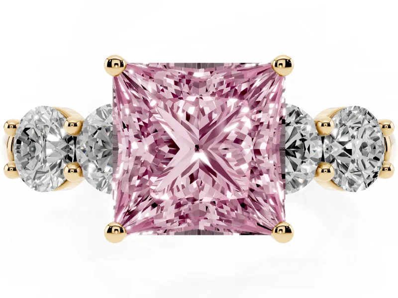 Princess Cut Five Stone Engagement Ring Setting for a Fancy Pink Lab-Grown Diamond | Prong Set Side Stones | Yellow Gold