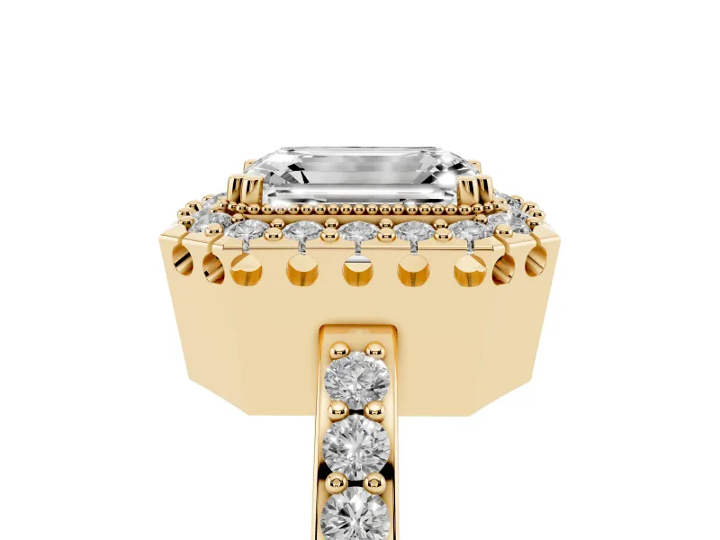 Emerald Cut Vintage Milgrain Halo Engagement Ring Setting | Pierced Gallery | Yellow Gold