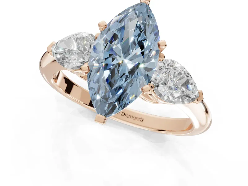 Marquise Three-Stone Ring Setting for a Fancy Blue Lab-Grown Diamond | Pear Side Stones | Rose Gold