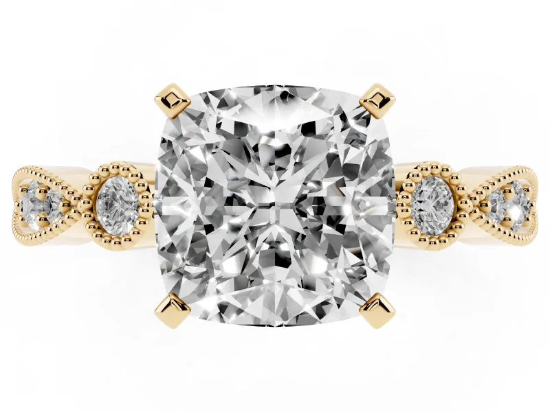 Cushion Cut Diamond Solitaire Engagement Ring Set in Yellow gold with Milgrain Bezel Accent Band