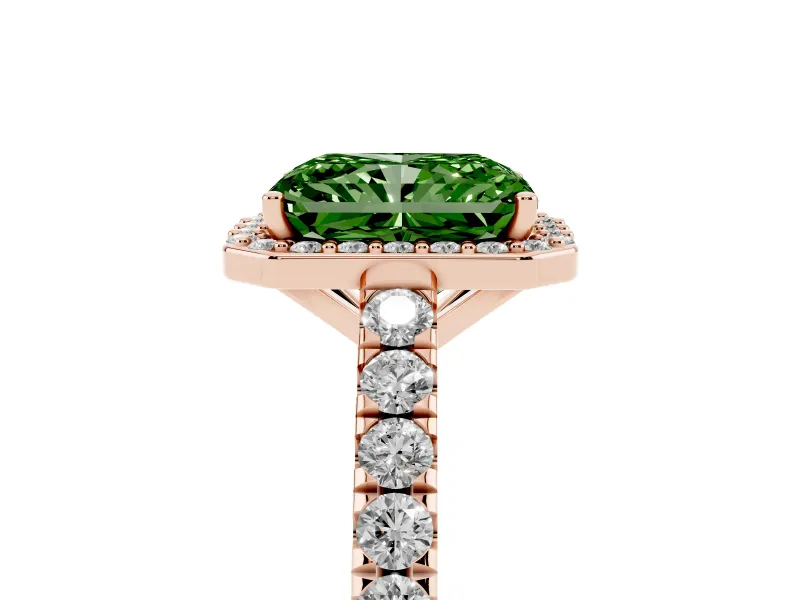 Fancy Green Radiant Cut Diamond Halo Engagement Ring Set in Rose gold with Pavé Band and Prong Setting