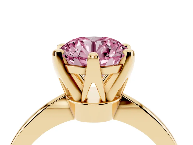 Fancy Pink Round Cut Diamond Solitaire Engagement Ring Set in Yellow gold with Slim Tapered Solitaire Band