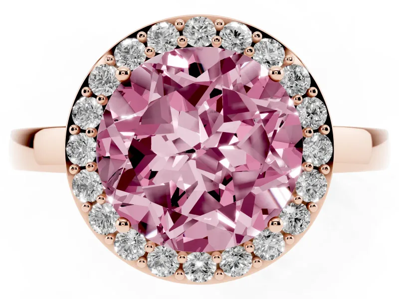 Fancy Pink Round Cut Diamond Halo Ring Set in Rose gold with Solitaire Band and Prong Setting