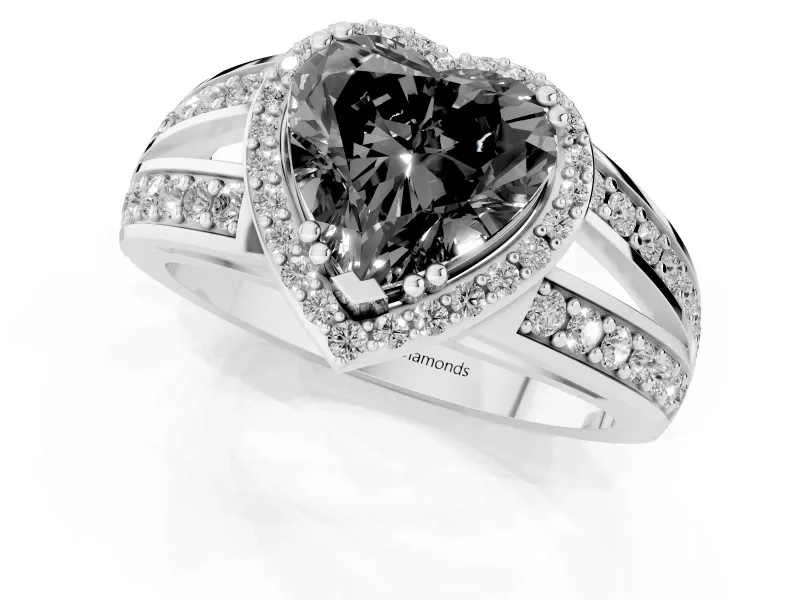 Heart-Shaped Halo Engagement Ring Setting for a Black Center | Two-Row Pavé Split Shank | White Gold