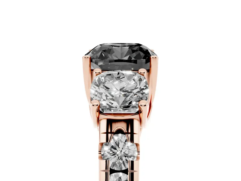 Cushion Cut Three Stone Engagement Ring Setting for a Black Center | Accented Shoulders | Rose Gold