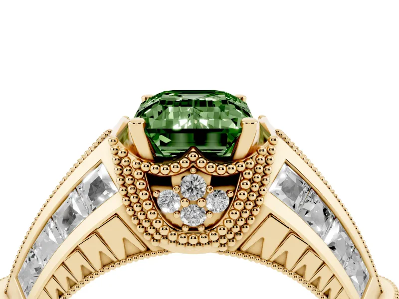 Fancy Green Emerald Cut Diamond Vintage-Inspired Milgrain Ring Set in Yellow gold with Accent Split Shank