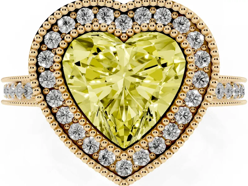 Fancy Yellow Heart Cut Diamond Halo Ring Set in Yellow gold with Pavé Band and Milgrain-Edged Prongs