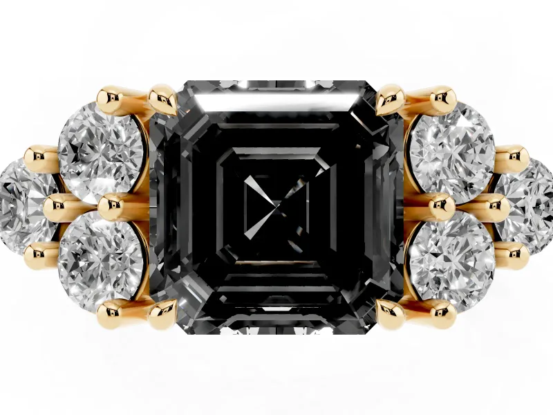 Fancy Black Asscher Cut Diamond Solitaire Ring Set in Yellow gold with Cluster Accents on Each Side