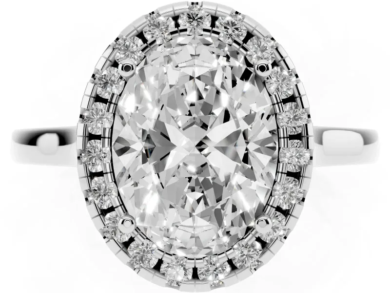 Oval Cut Halo Round Diamond Solitaire Ring Set in Silver with Pavé Band and Prong Setting
