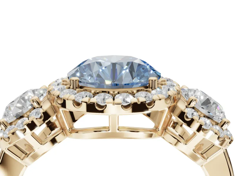 Round Three Stone Halo Engagement Ring Setting for a Fancy Blue Lab-Grown Diamond | Yellow Gold