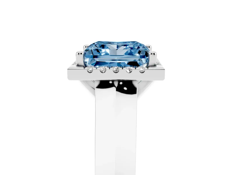 Fancy Blue Princess Cut Diamond Halo Ring Set in Silver with Cathedral Band and Prong Setting