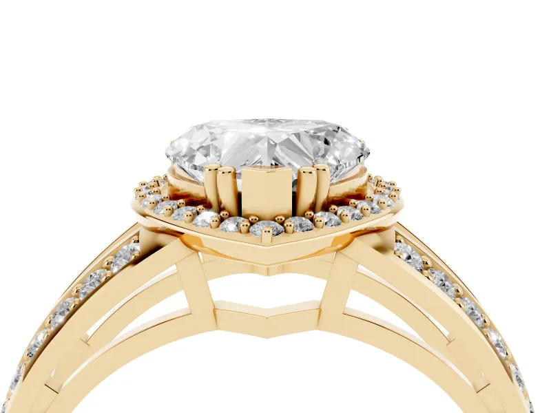 Heart Cut Diamond Halo Ring Set in Yellow gold with Double Pavé Split Shank