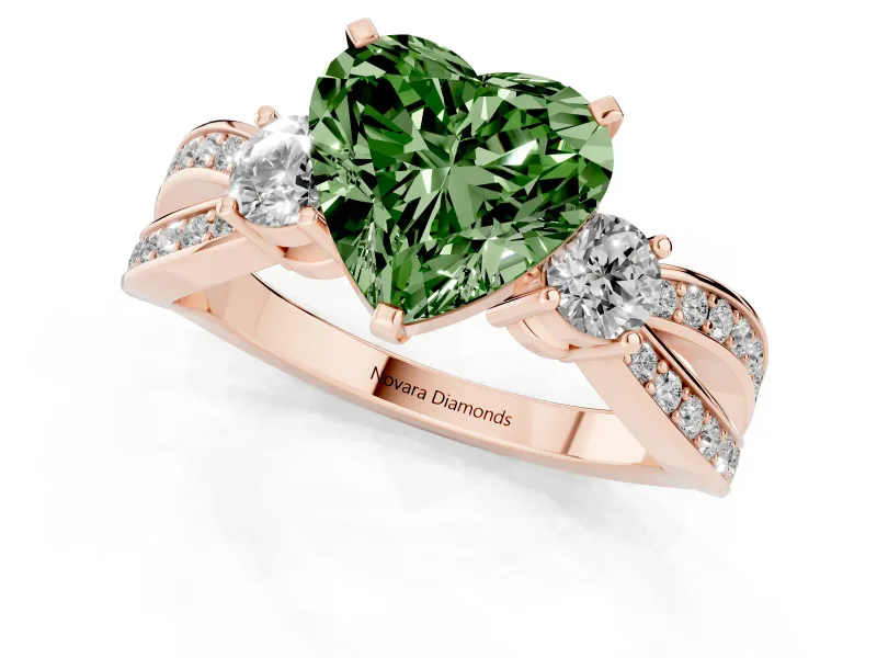 Fancy Green Three-Stone Heart Cut Diamond Twist Band Ring Set in Rose gold with Pavé Accents and Prong Setting