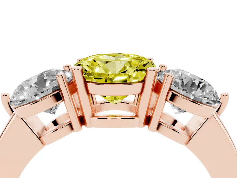 Round Three Stone Engagement Ring Setting for a Fancy Yellow Lab-Grown Diamond | Large Round Side Stones | Rose Gold