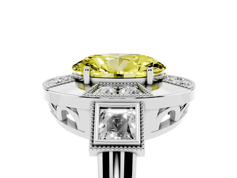 Fancy Yellow Oval Cut Diamond Milgrain Halo Ring Set in Platinum with Split Shank