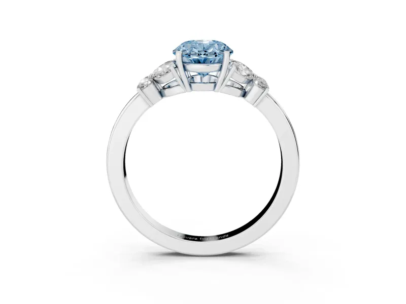 Fancy Blue Oval Cut Diamond Solitaire Floral Ring Set in Platinum with Marquise Petals and Prong Setting