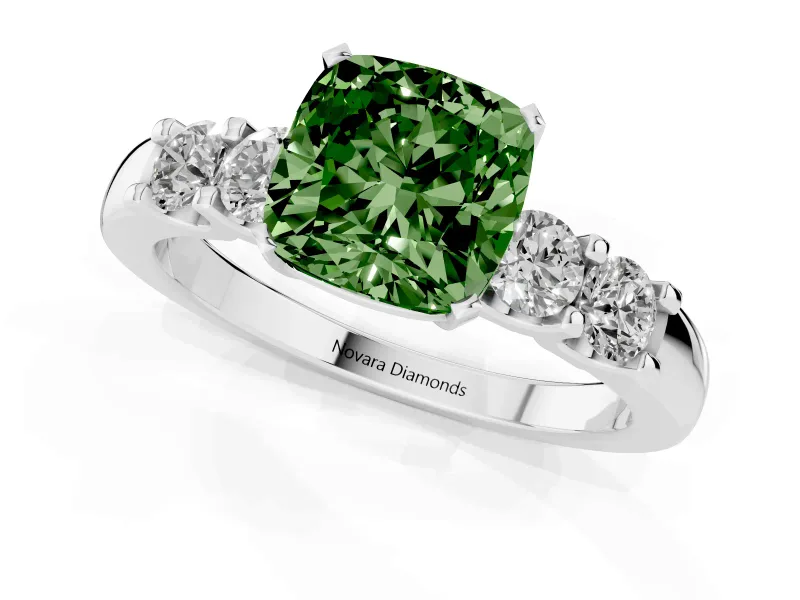 Fancy Green Cushion Cut Diamond Five-Stone Prong Set Engagement Ring Set in Platinum with Channel Band
