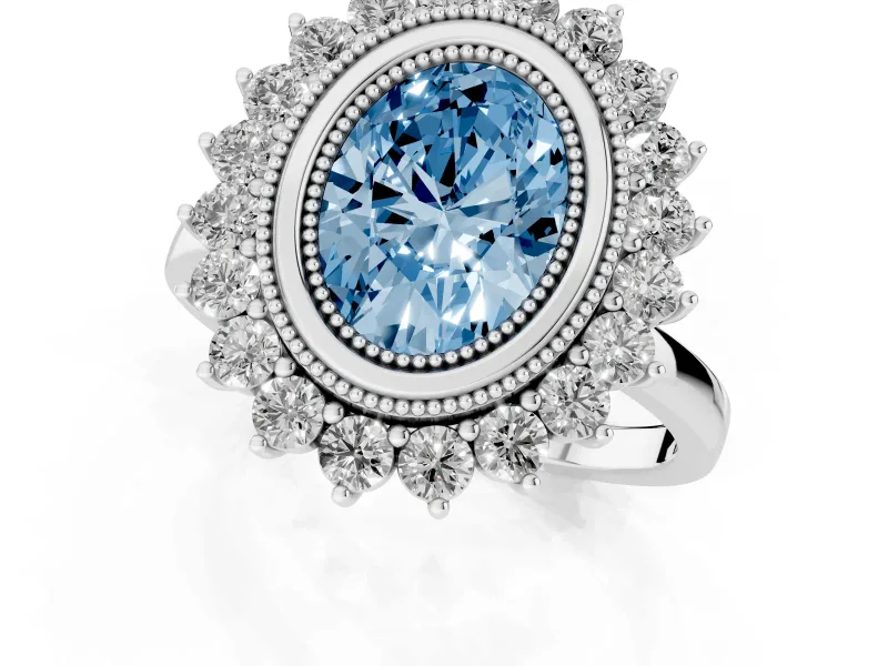 Fancy Blue Oval Cut Diamond Halo Ring Set in Platinum with Milgrain Edge and Round Prong Setting