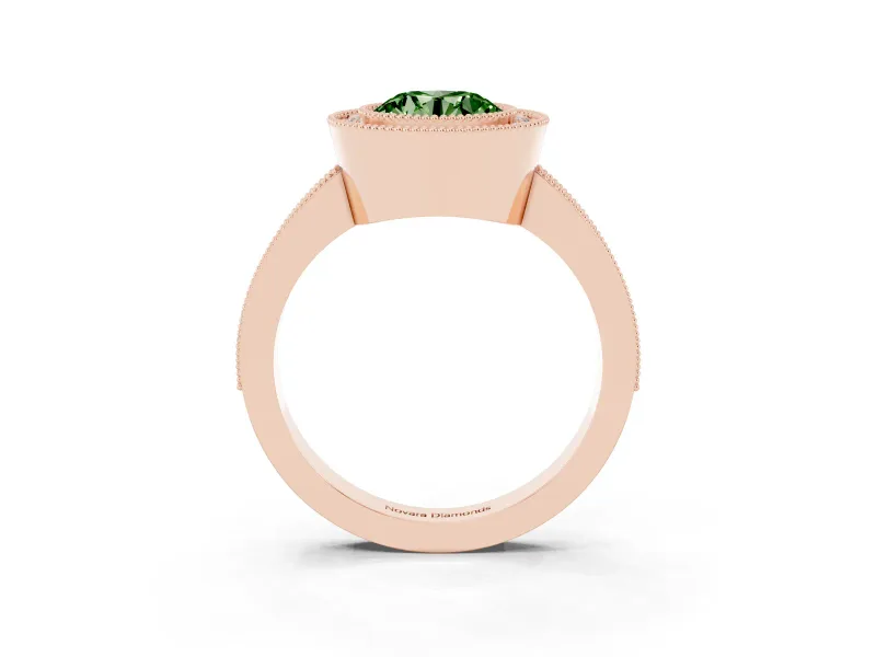 Fancy Green Round Cut Diamond Halo Engagement Ring Set in Rose gold with Pavé Band and Round Halo Stones