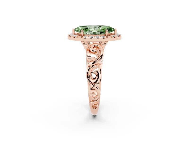 Fancy Green Marquise Cut Diamond Halo Ring Set in Rose gold with Scrollwork Band and Prong Setting