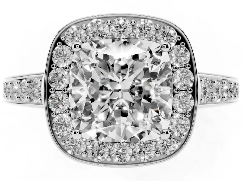 Cushion Cut Diamond Halo Pavé Engagement Ring Set in White gold with Bezel Setting