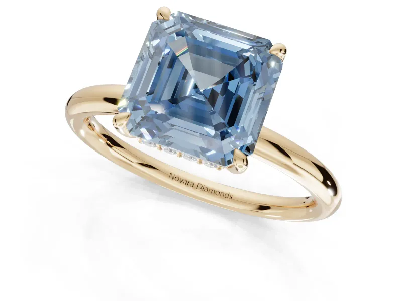 Asscher Cut Hidden Halo Ring Setting for a Fancy Blue Lab-Grown Diamond | Yellow Gold