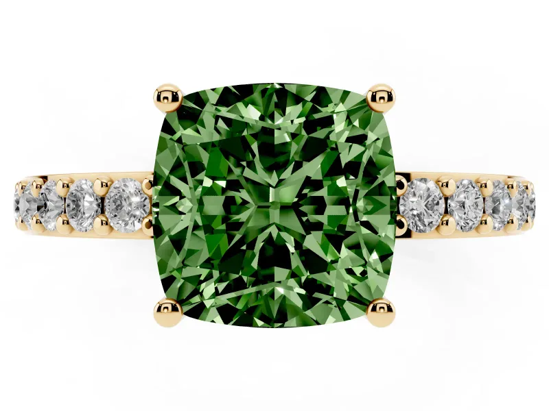 Fancy Green Cushion Cut Diamond Solitaire Set in Yellow gold with Round Pavé Band and Prong Setting