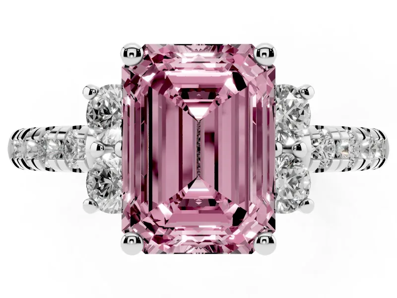 Emerald Cut Side Stone Pave Engagement Ring Setting for a Fancy Pink Lab-Grown Diamond | Paired Round Accents | Platinum