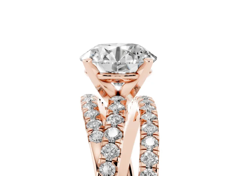 Round Cut Diamond Solitaire Twist Band Ring Set in Rose gold with Pavé Setting and Prong Head