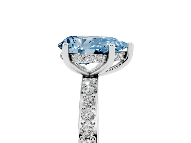 Fancy Blue Pear Cut Diamond Pavé Band Ring Set in White gold with Prong-Set Center Stone