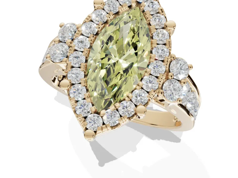 Marquise Halo Engagement Ring Setting for a Fancy Yellow Lab-Grown Diamond | Graduated Channel Band | Yellow Gold