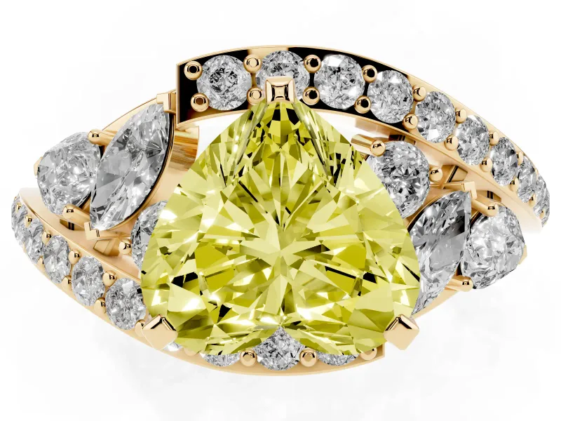 Fancy Yellow Heart Cut Diamond Halo Ring Set in Yellow gold with Marquise and Pavé Band in Prong Setting
