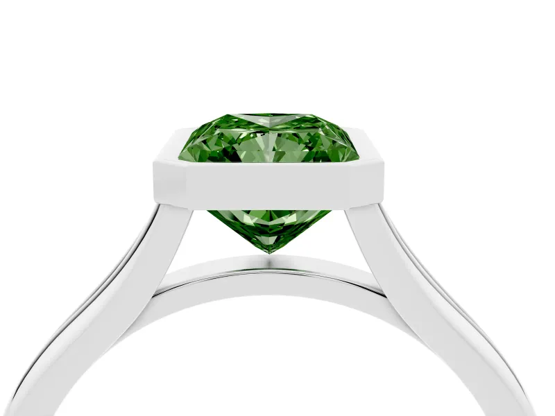 Fancy Green Bezel Set Radiant Cut Diamond Solitaire Ring Set in Silver with Tapered Band