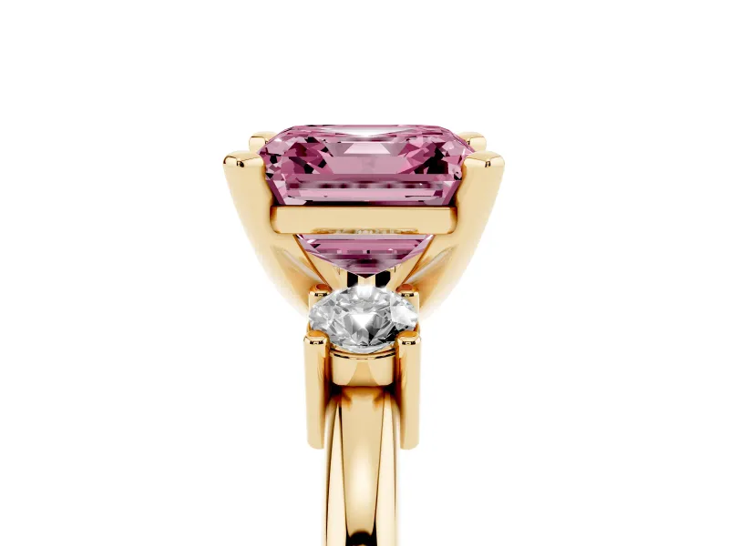 Fancy Pink Three-Stone Asscher Cut Diamond Ring Set in Yellow gold with Prong Setting and Plain Band
