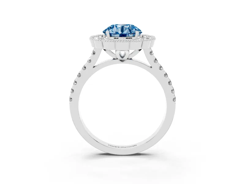 Round Milgrain Floral Halo Engagement Ring Setting for a Fancy Blue Lab-Grown Diamond | Pavé Band | Sterling Silver