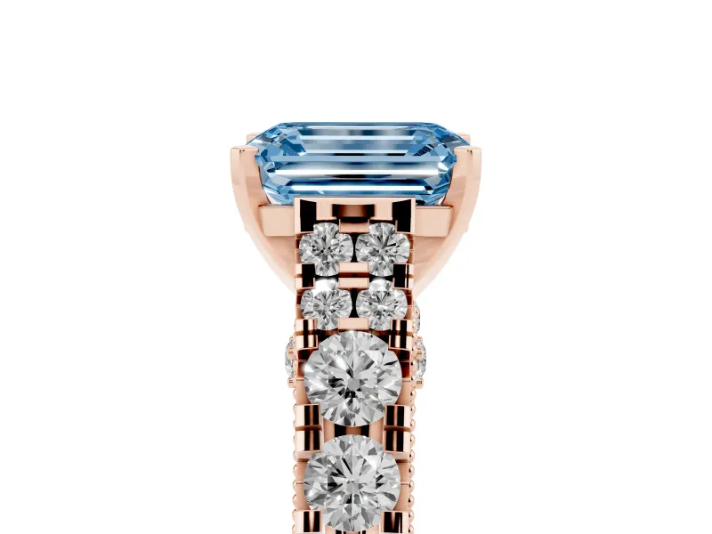 Fancy Blue Emerald Cut Diamond Classic Solitaire Ring Set in Rose gold with Pavé Band and Prong Setting