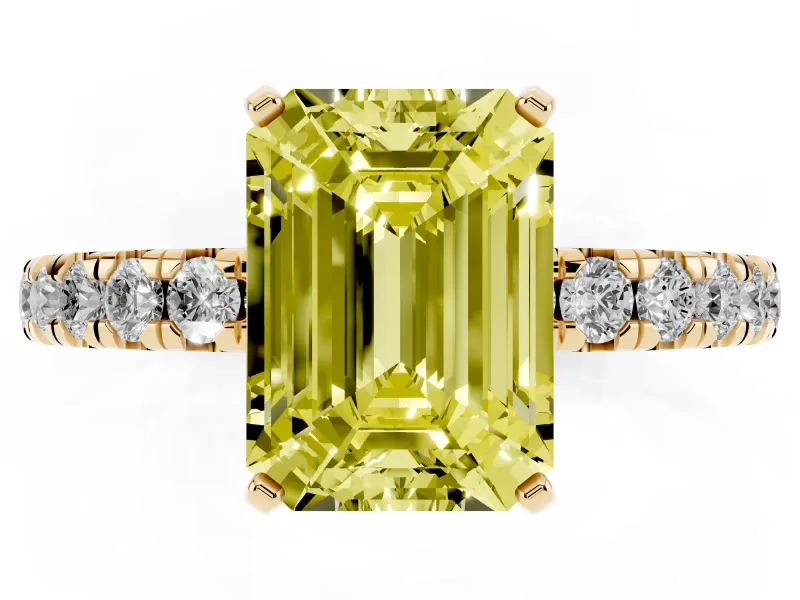 Fancy Yellow Emerald Cut Diamond Pavé Solitaire Ring Set in Yellow gold with Round Band and Prong Setting