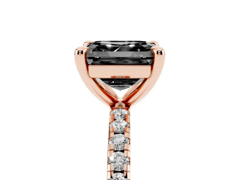 Fancy Black Asscher Cut Diamond Brilliant Solitaire Ring Set in Rose gold with Pavé Band and Prong Setting