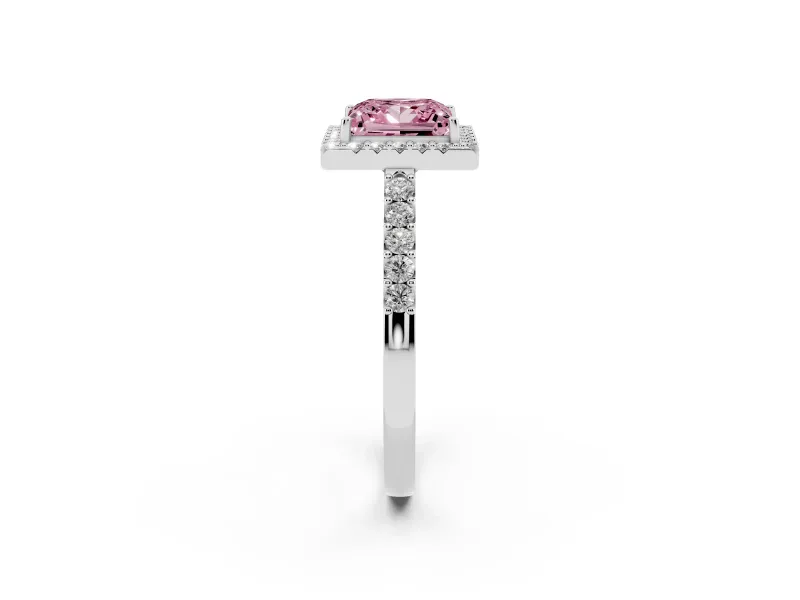 Fancy Pink Princess Cut Diamond Halo Pavé Solitaire Ring Set in White gold with Prong-Set Center Stone