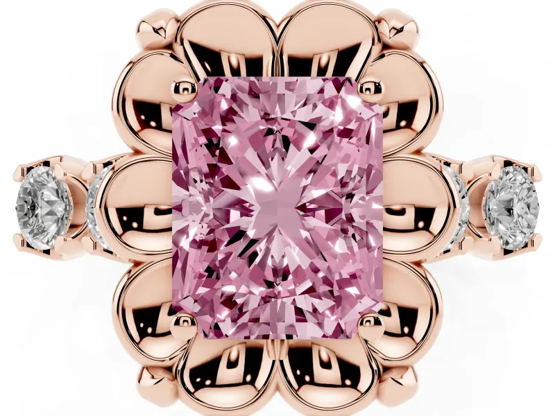 Fancy Pink Radiant Cut Diamond Floral Halo Ring Set in Rose gold with Shared Prong Band