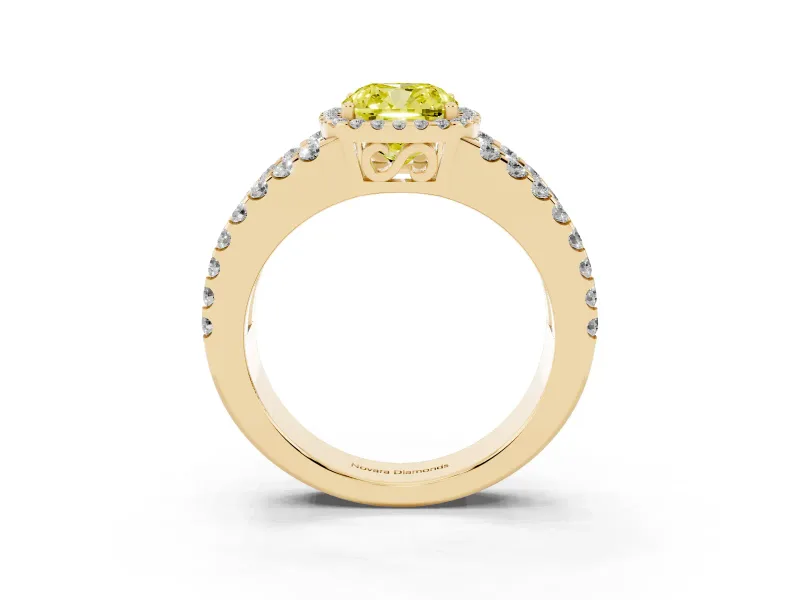 Cushion Cut Halo Split Shank Engagement Ring Setting for a Fancy Yellow Lab-Grown Diamond | Pavé Strands | Yellow Gold