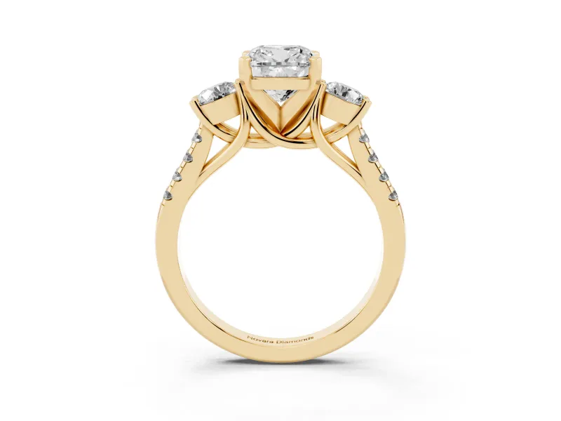 Cushion Cut Three-Stone Pavé Engagement Ring Setting | Round Side Stones | Yellow Gold
