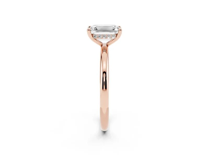 Emerald Cut Hidden Halo Engagement Ring Setting | Thin Plain Band | Rose Gold